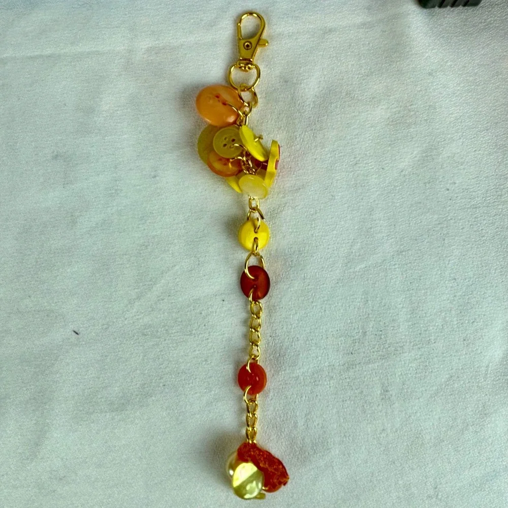 Handmade Button Bag Charm Yellow Orange Gold Tone Keychain Purse Accessory 6.5